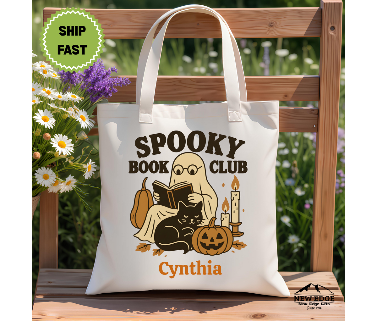 Personalized Halloween Tote Bag – Ghost Reading with Black Cat & Pumpkin, “Spooky Book Club” Slogan, Cotton Canvas Bag