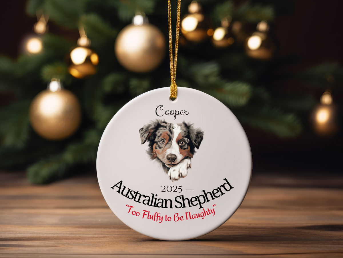Australian Shepherd “Too Fluffy to Be Naughty” Personalized Pet Ornament with Photo & Name – Funny Custom Dog Christmas Ornament