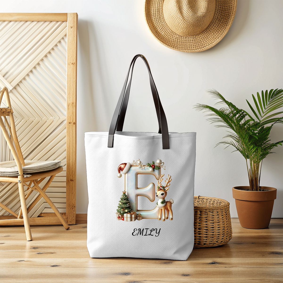 Tote Bag (AOP)Personalized Reindeer Christmas Name Tote Bag – Custom Initial Cotton Canvas Tote, Matching Holiday Group Bag & Reusable Xmas Shopping Tote