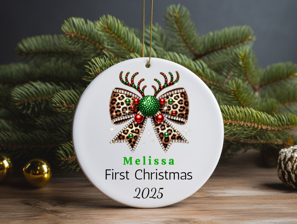 First Christmas Ornament | Personalized Ornament | Baby Shower Gift | Bow Ornament Keepsake | Custom Family Name Decoration