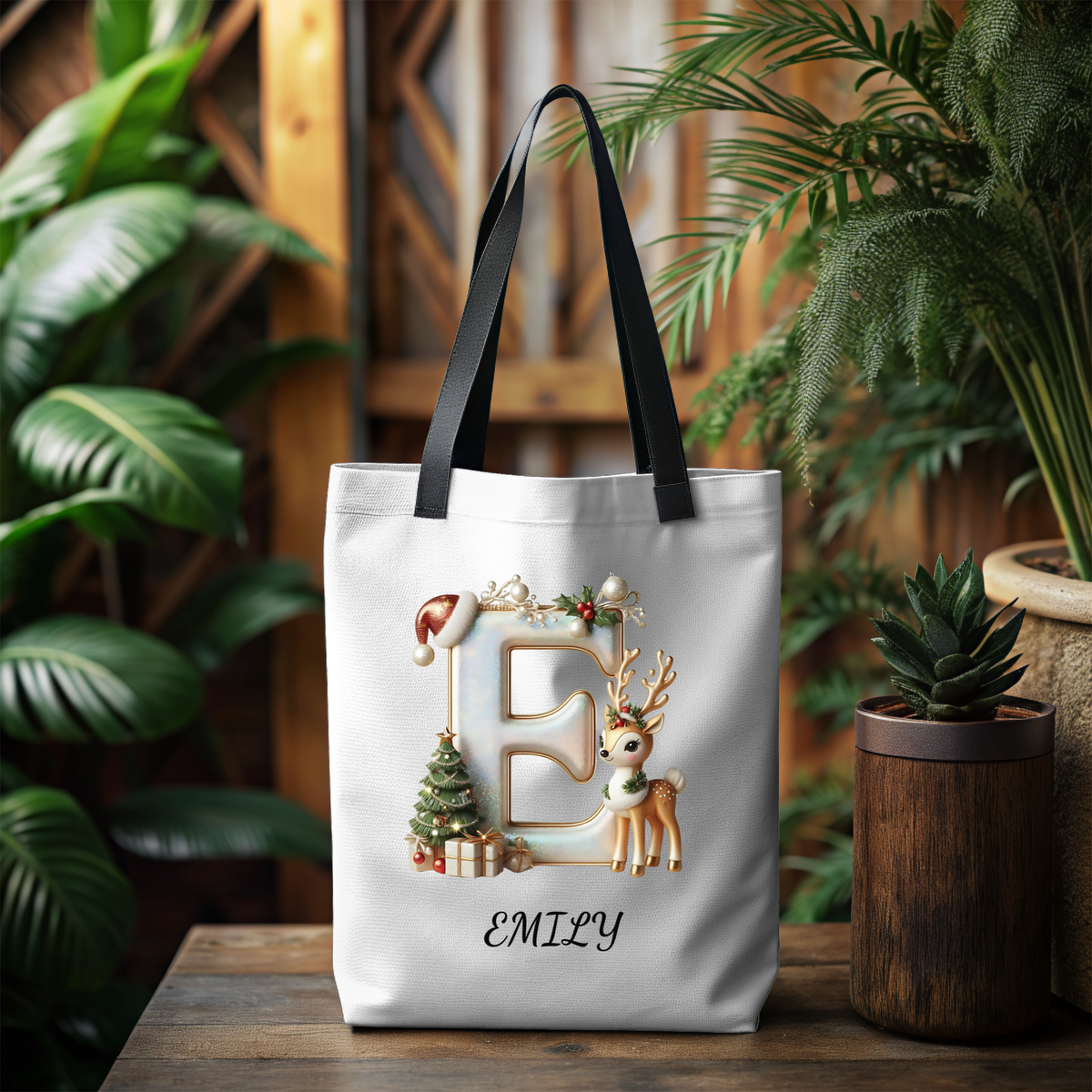 Tote Bag (AOP)Personalized Reindeer Christmas Name Tote Bag – Custom Initial Cotton Canvas Tote, Matching Holiday Group Bag & Reusable Xmas Shopping Tote