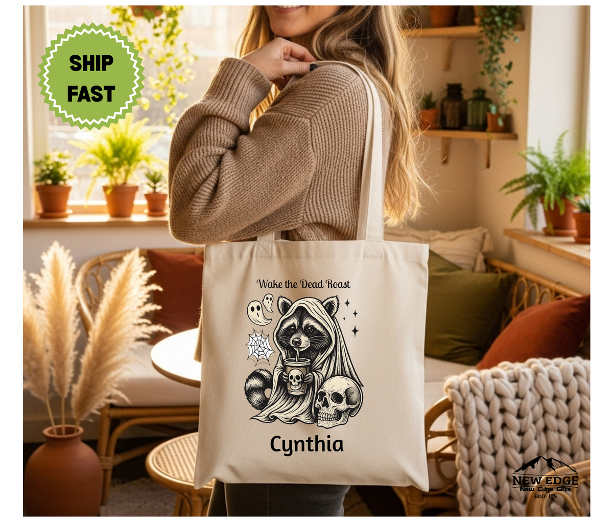 Personalized Halloween Tote Bag – Cute Raccoon in Hooded Robe with Coffee, Ghost, Spiderweb & Skulls, Cotton Canvas Bag