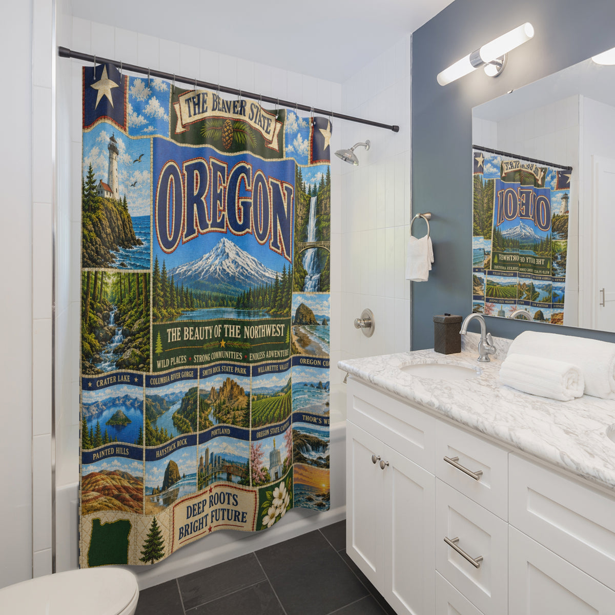 Oregon Shower Curtain Beaver State Faux Patchwork Pacific Northwest Mountains Coast Scenic Landmarks Rustic Bathroom Decor