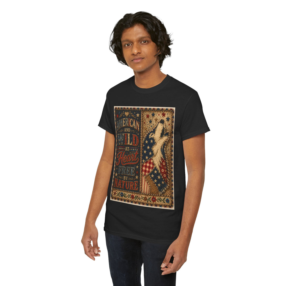 Patriotic Retro Tee – "American and Wild at Heart, Free by Nature" Flag Silhouette Shirt