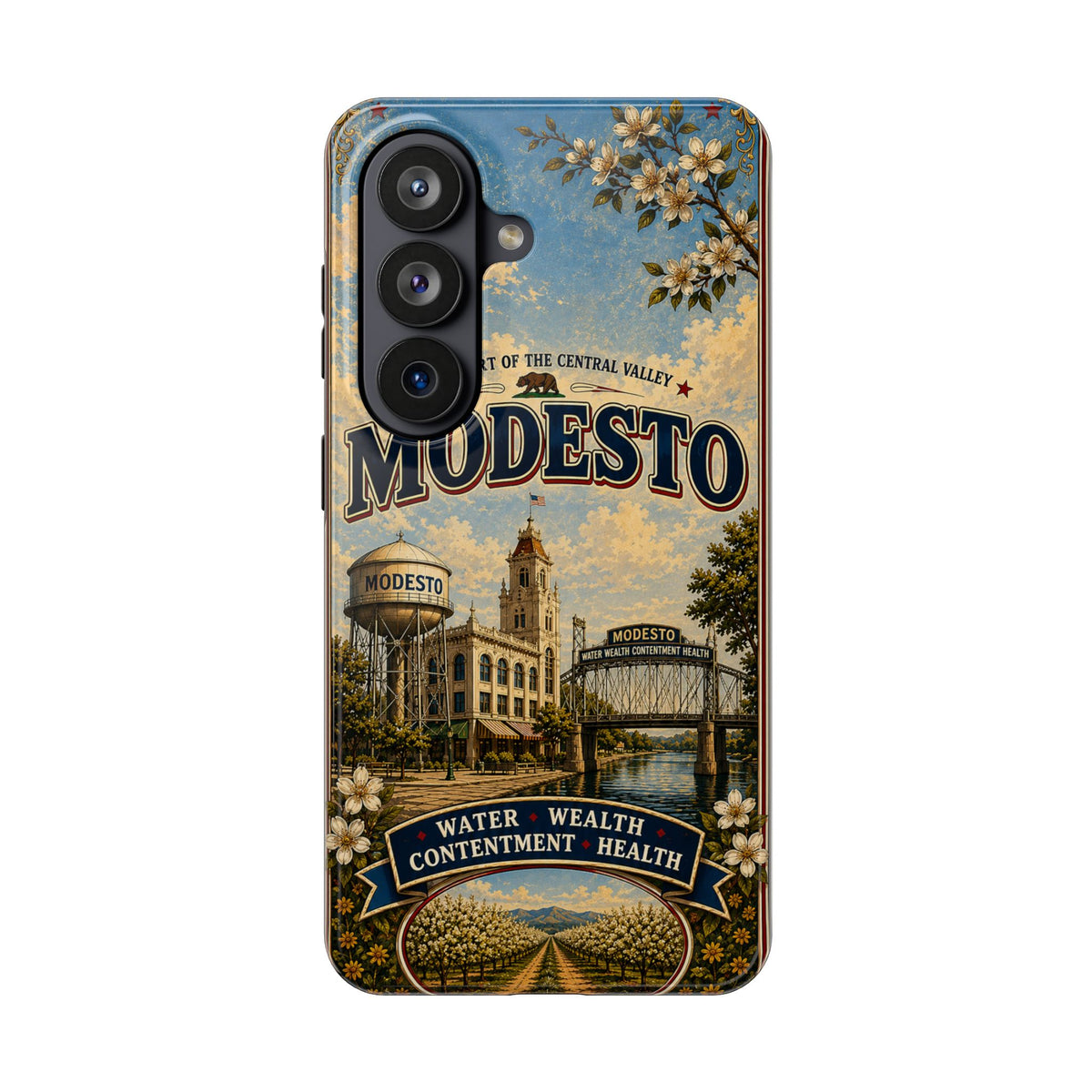 Modesto Faux Patchwork Phone Case – Central Valley Heritage Retro Travel Art, Orchard & Waterfront Cover
