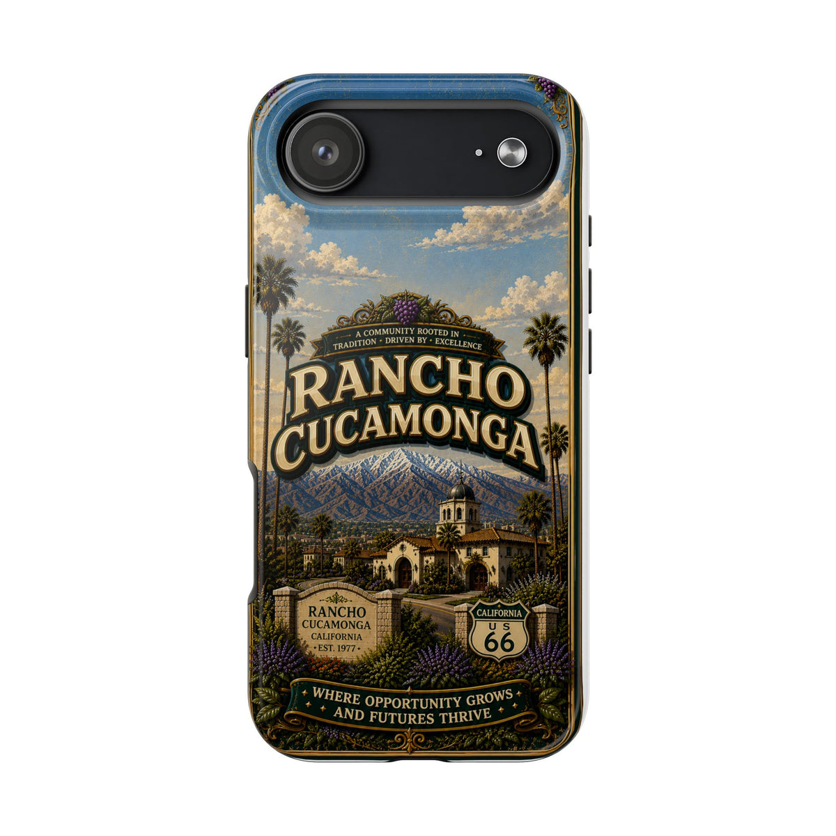 Rancho Cucamonga Where Opportunity Grows Faux Patchwork Phone Case – Route 66 Vintage Travel Art Cover