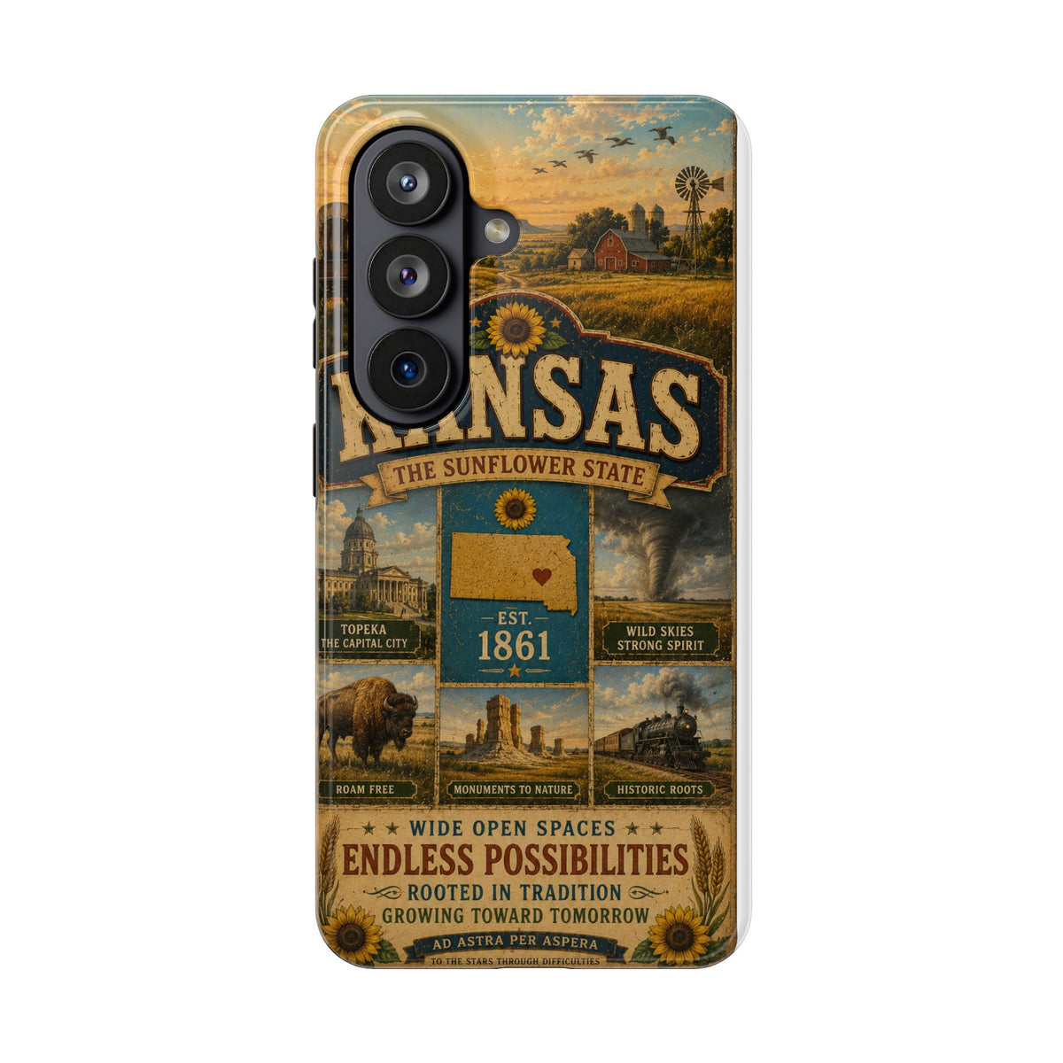 Kansas Faux Patchwork Phone Case – The Sunflower State Vintage Travel Poster Retro State Pride Cover Est 1861 for iPhone & Samsung