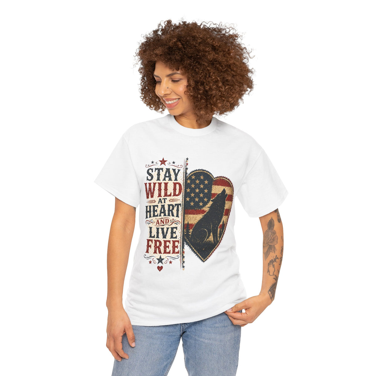 Stay Wild at Heart Live Free T-Shirt - Patriotic Wolf Heart Graphic