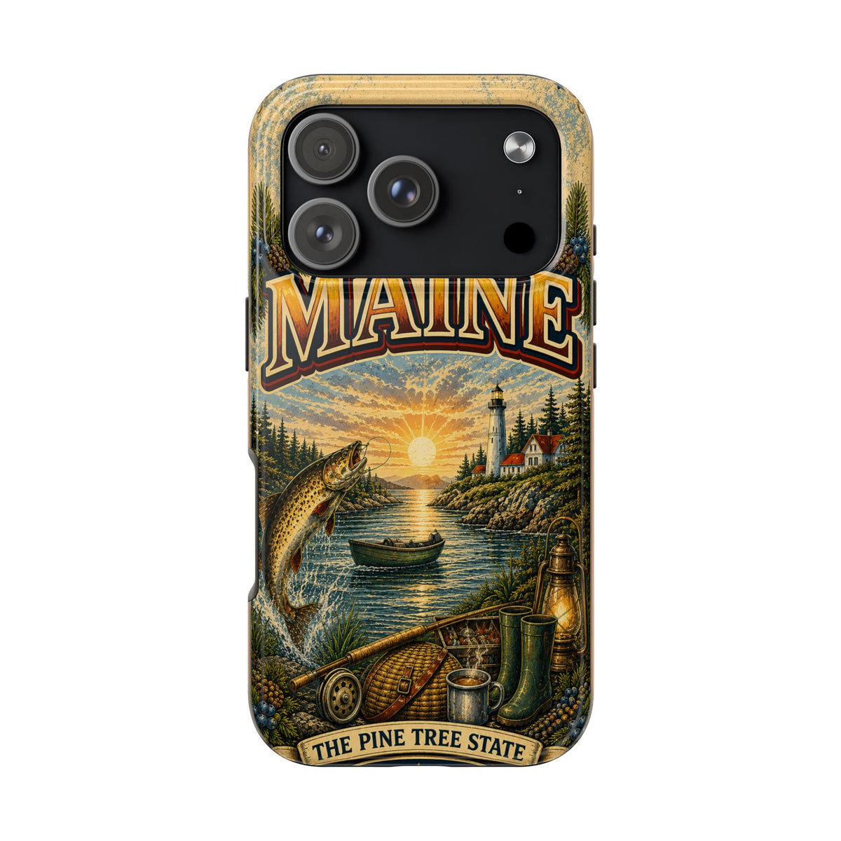 Maine Vacationland Faux Patchwork Phone Case – Vintage Travel Poster Style Coastal Maine Souvenir Cover for iPhone & Samsung