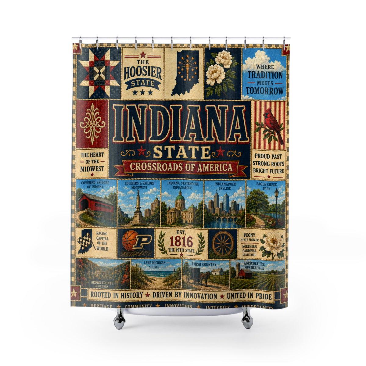 Indiana Shower Curtain, Hoosier State Decor, Crossroads of America Faux Patchwork, Indiana Landmark Bathroom Decor