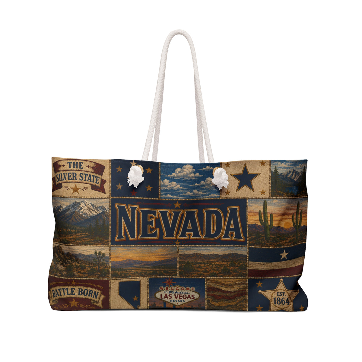 Nevada Weekender Bag Battle Born Faux Patchwork Travel Tote Silver State Vintage Desert Western Adventure Gift