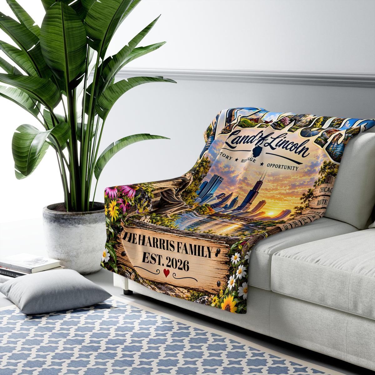 Illinois Personalized Sherpa Fleece Blanket, Chicago Route 66 Land of Lincoln Custom Family Name