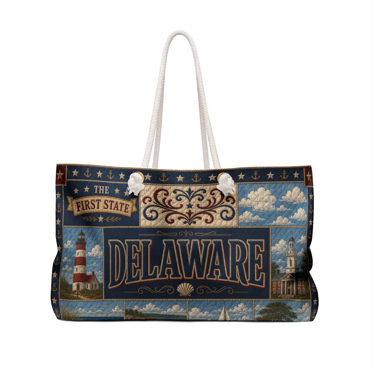 Delaware Weekender Bag The First State Faux Patchwork Travel Tote Historic Coastal Charm Vintage State Souvenir Gift