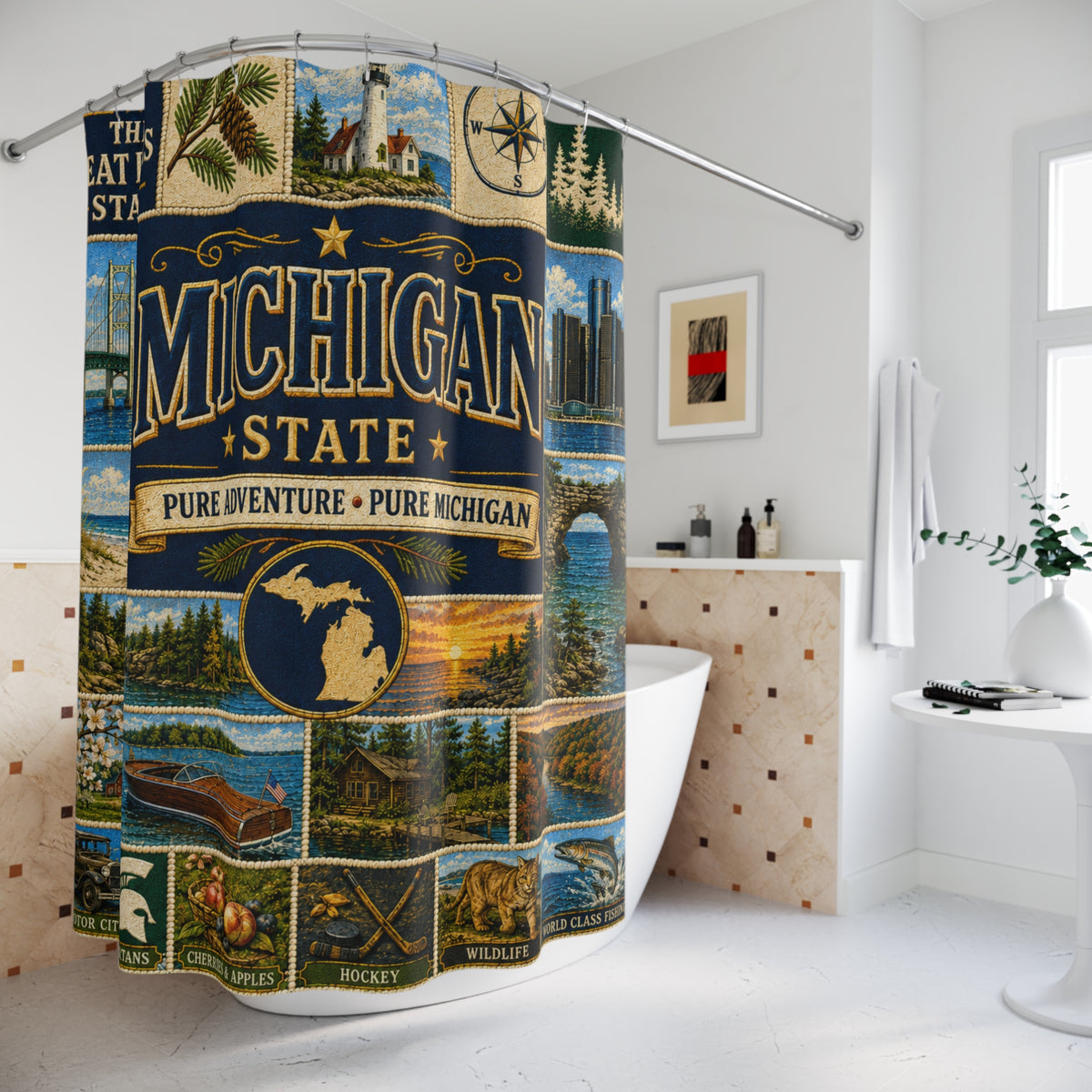 Michigan Shower Curtain, Great Lakes State Decor, Scenic Lake Life Faux Patchwork, Michigan Landmark Bathroom Decor