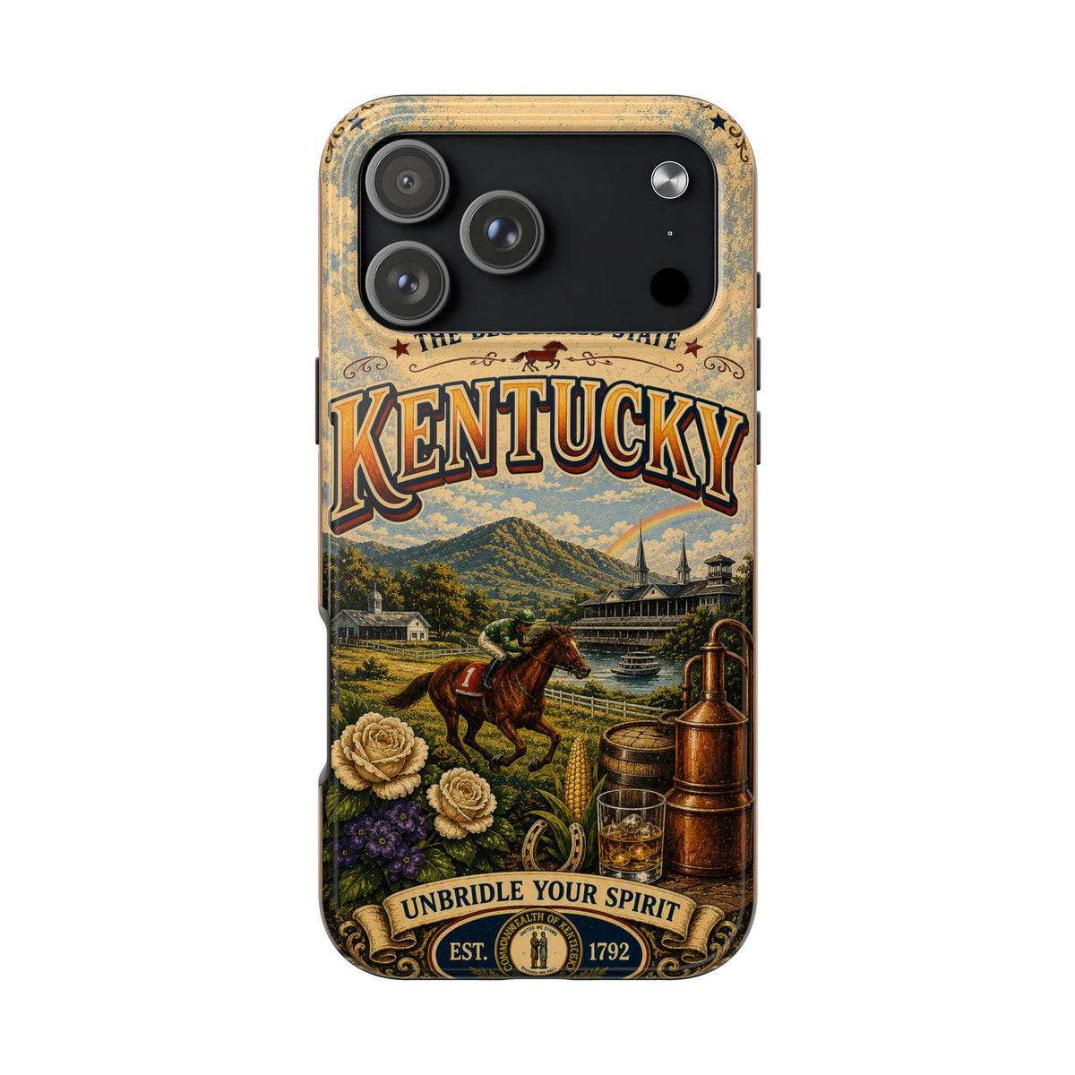 Kentucky Bluegrass State Faux Patchwork Phone Case – Vintage Travel Poster Style Kentucky Souvenir Cover for iPhone & Samsung