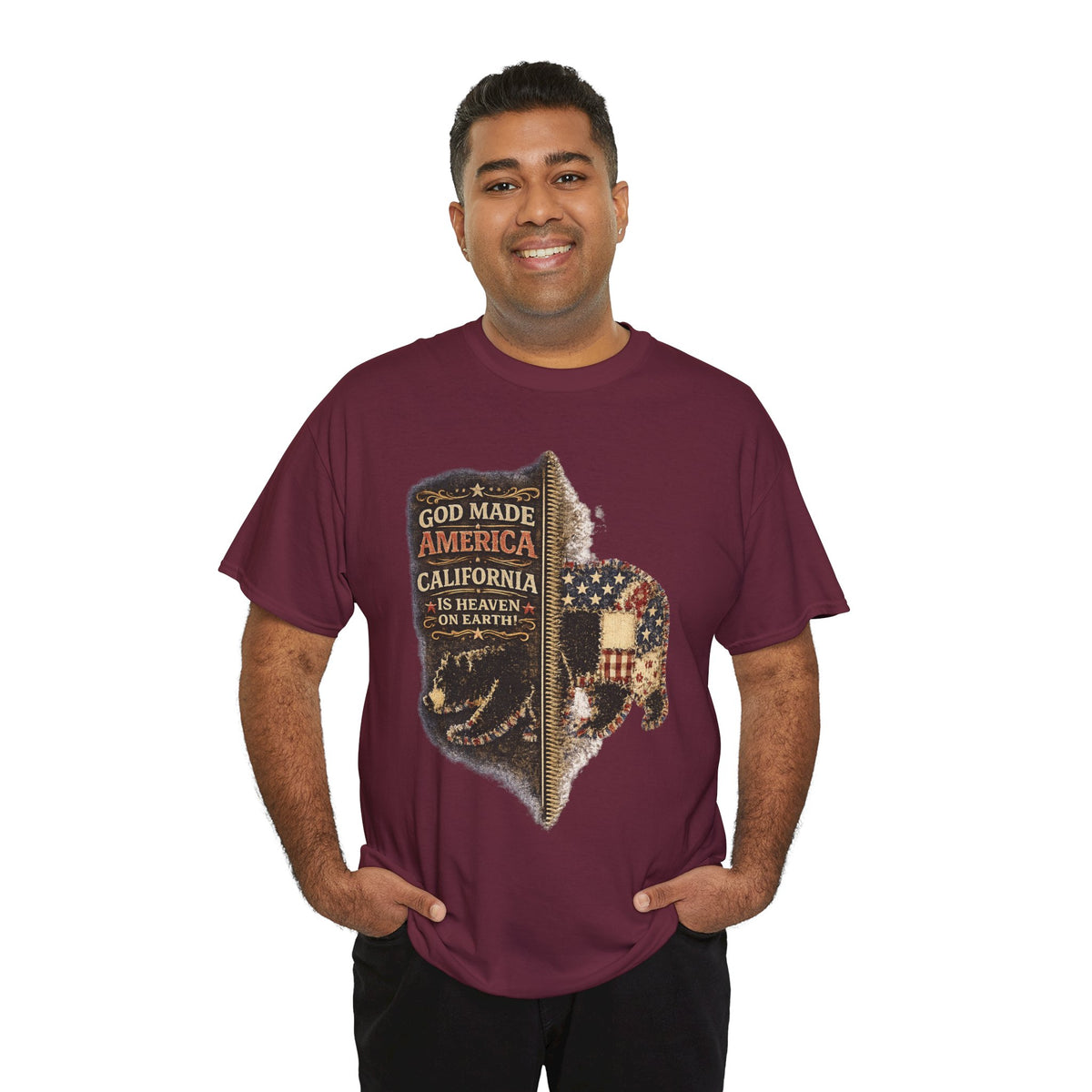 California Buffalo Patriotic T-Shirt — "God Made America, California Is Heaven on Earth"