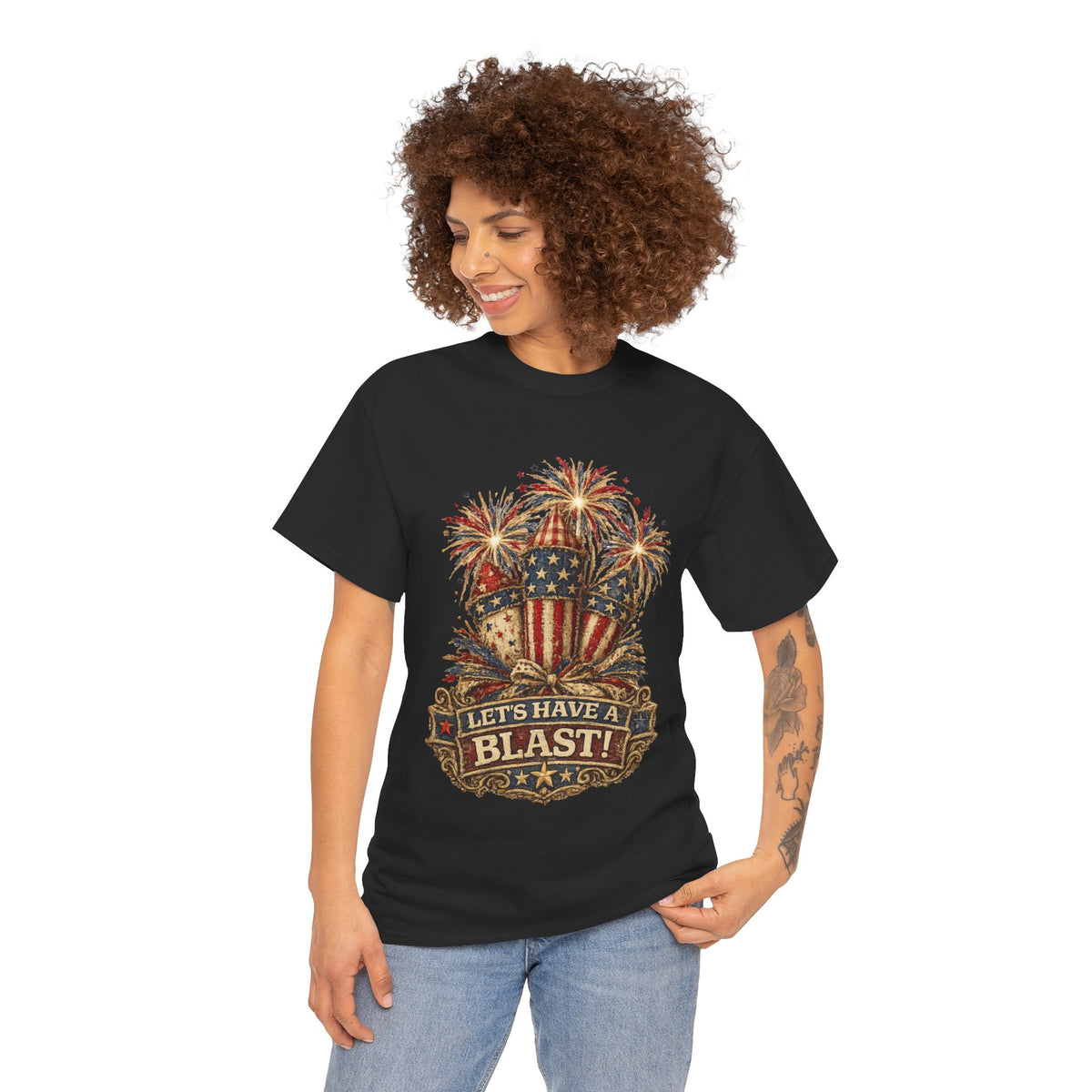 T-Shirt — "Let's Have a Blast!" American Flag Fireworks 4th of July Tee