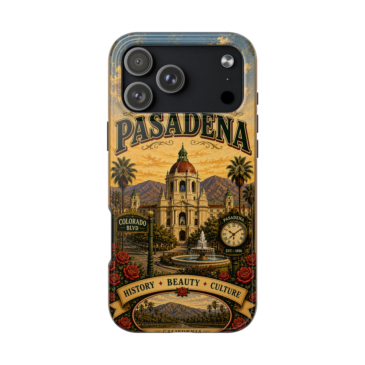 Pasadena City of Roses Faux Patchwork Phone Case – Vintage California Landmark Travel Art Cover