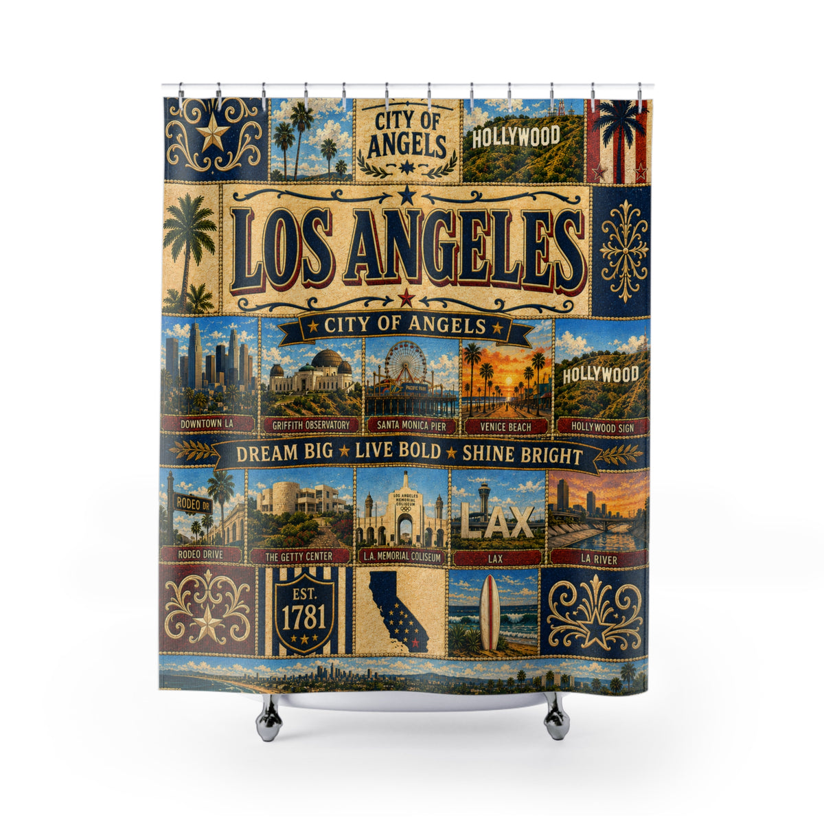 Los Angeles Shower Curtain, City of Angels Decor, Hollywood Coastal Faux Patchwork, California Bathroom Decor