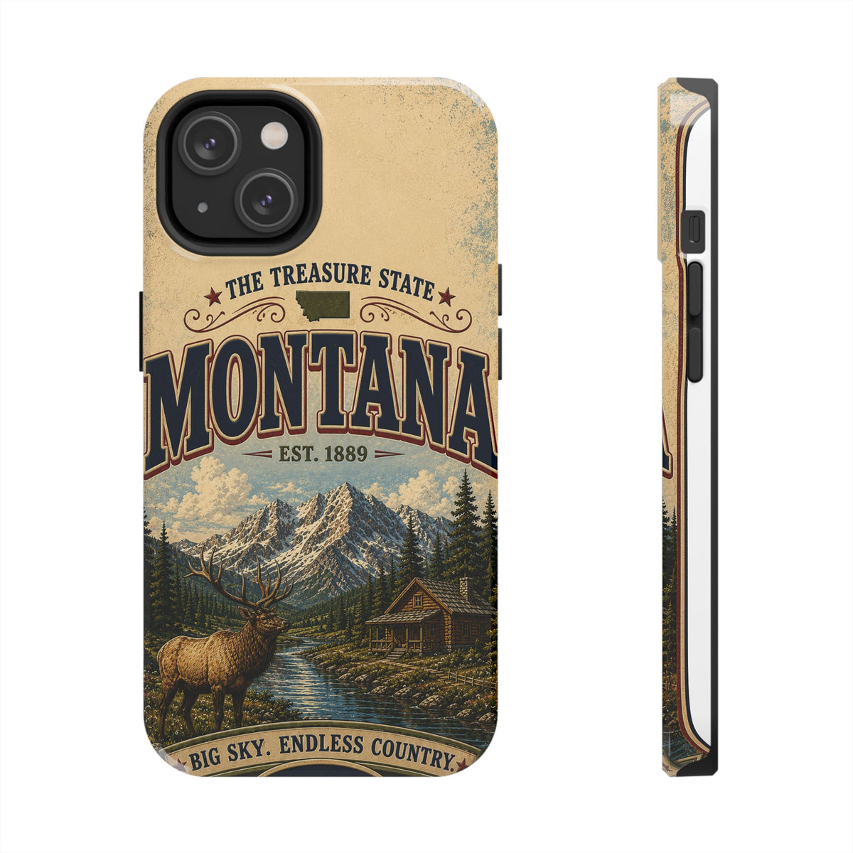 Montana Big Sky Country Faux Patchwork Phone Case – Vintage Travel Poster Scenic Mountain Design for iPhone & Samsung