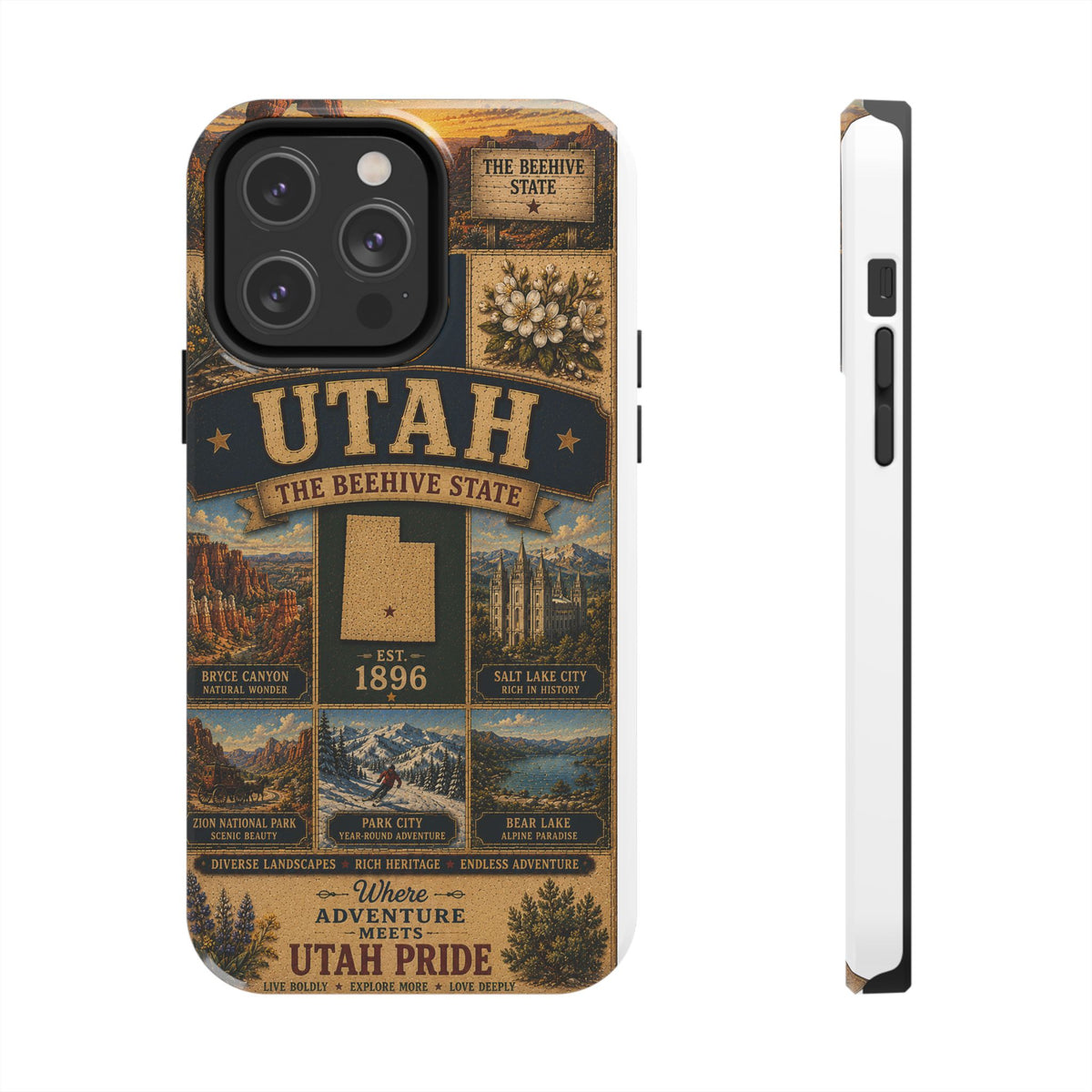 Utah Faux Patchwork Phone Case The Beehive State Vintage Travel Poster Retro State Pride Cover Est 1896