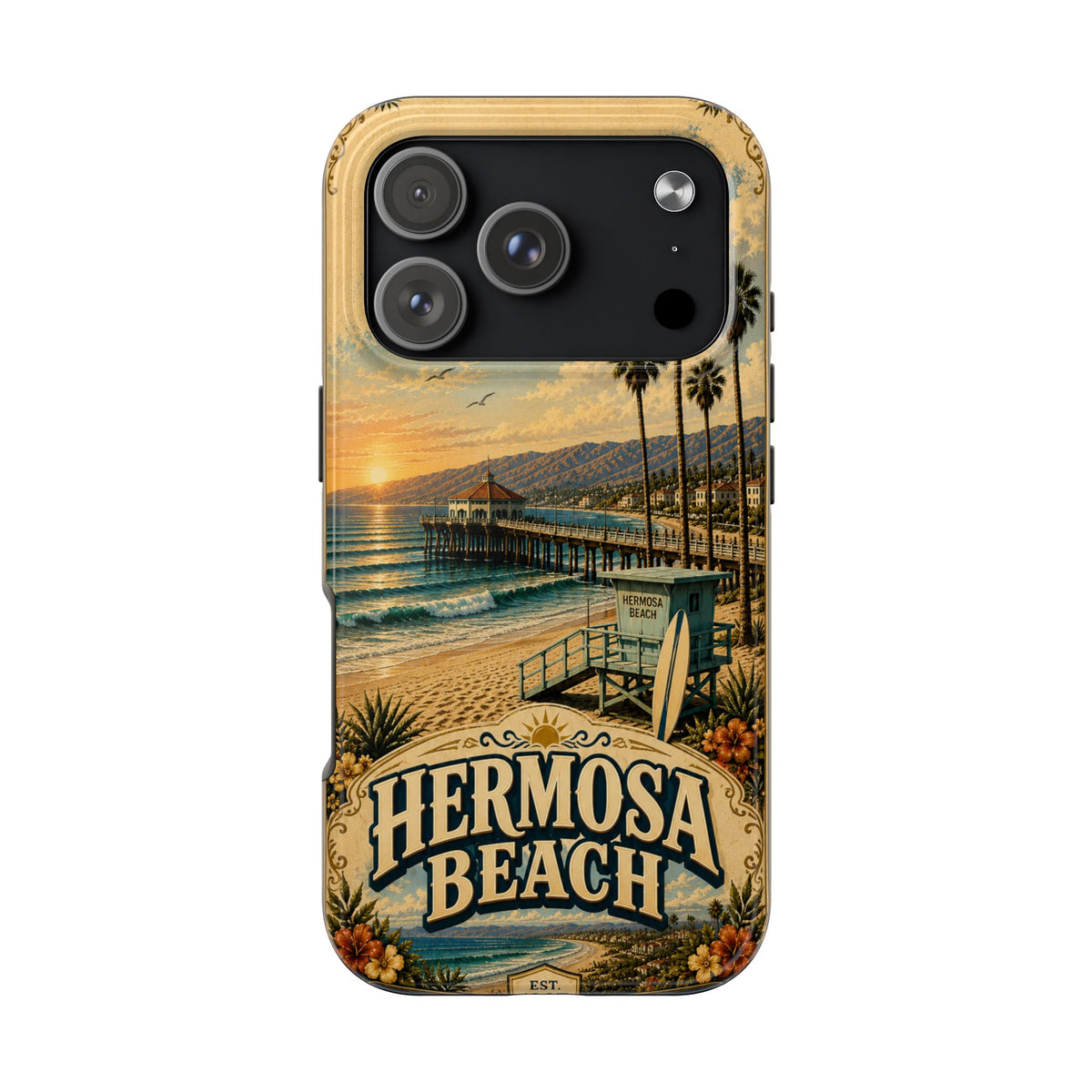 Coastal Pier Faux Patchwork Phone Case – Sunset Waves & Surf Retro California Beach Art Cover
