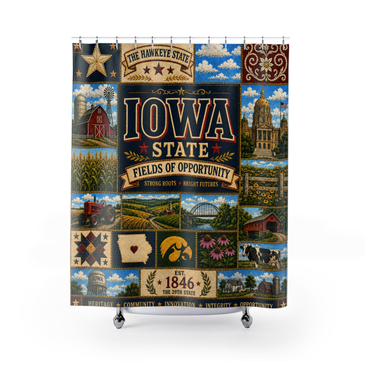 Iowa Shower Curtain, Hawkeye State Decor, Farmhouse Landmark Faux Patchwork, Rustic Midwest Bathroom Decor