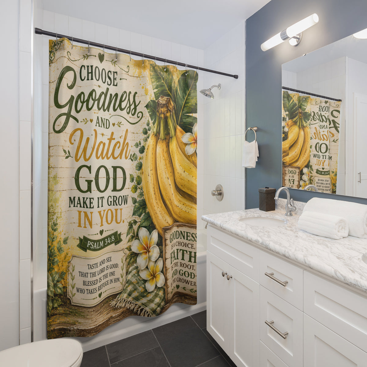 Banana Christian Shower Curtain Choose Goodness and Watch God Make It Grow Psalm 34 8 Farmhouse Faith Decor