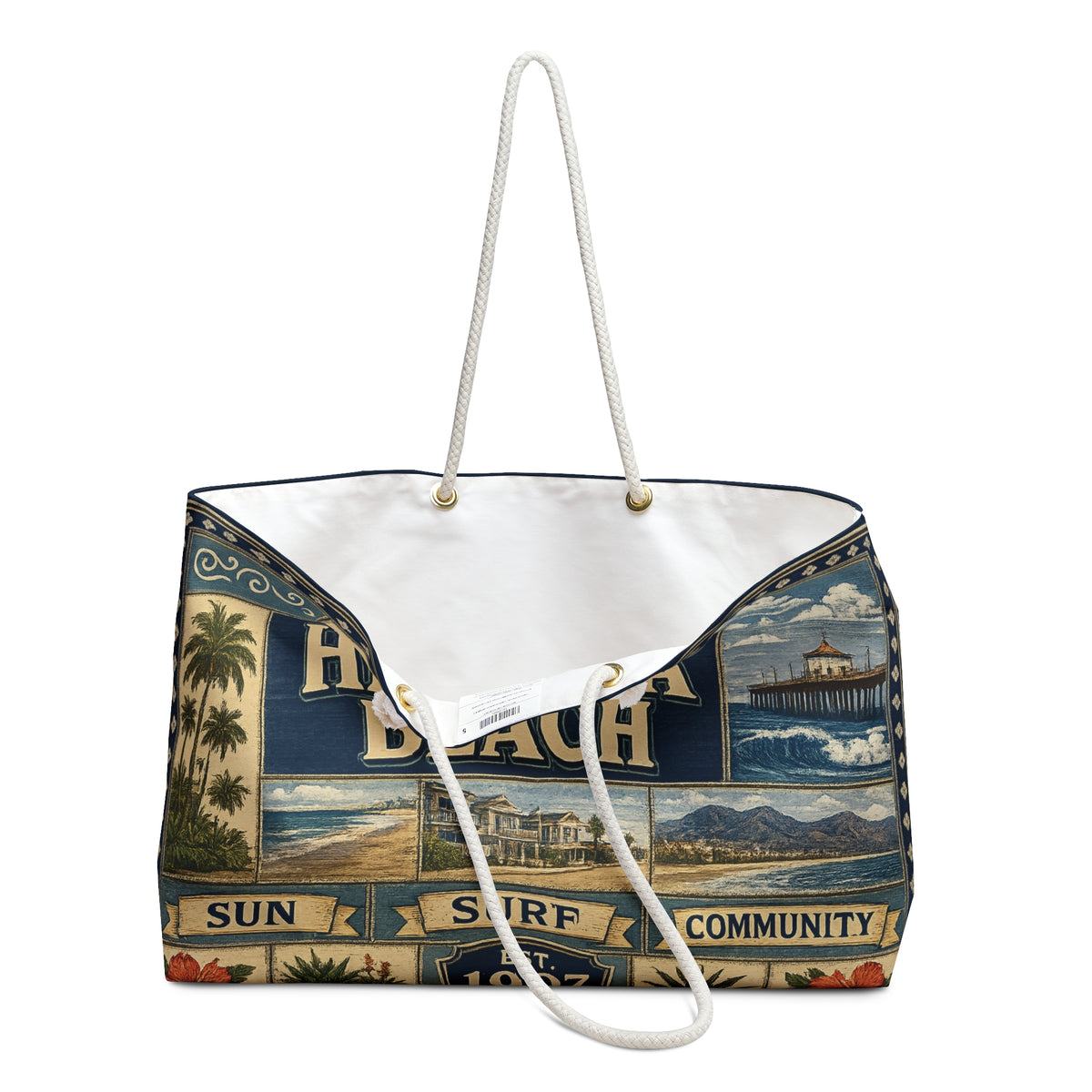 Hermosa Beach California Weekender Bag Sun Surf Community Faux Patchwork Travel Tote Coastal Beach Getaway Gift