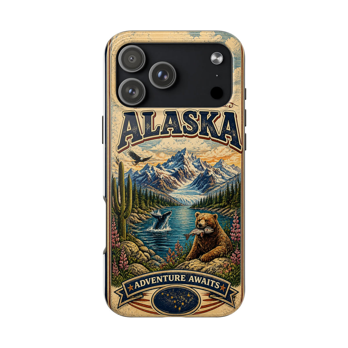 Alaska Faux Vintage Phone Case The Last Frontier Retro Travel Poster Style Adventure Awaits Wildlife iPhone Samsung Case