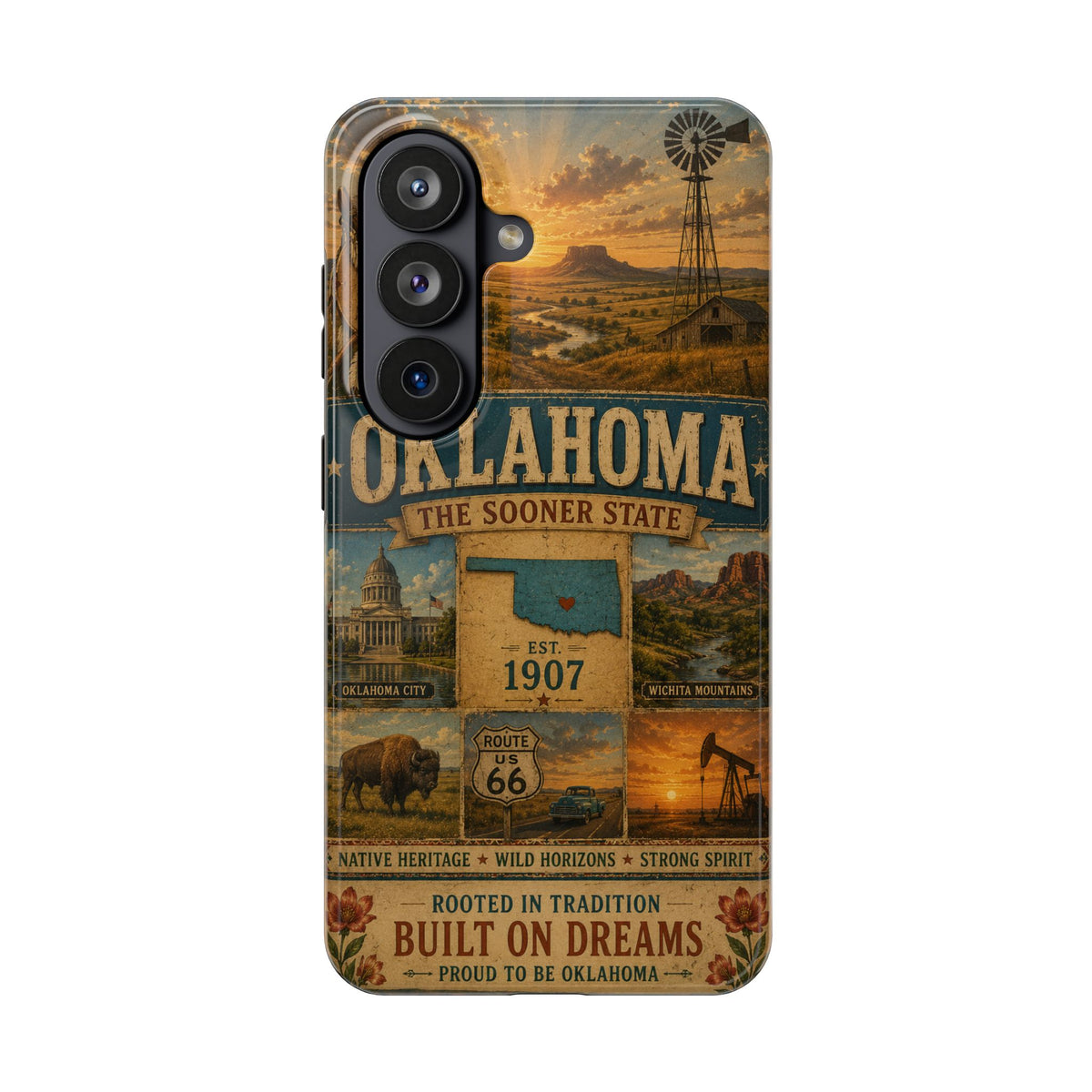 write me a title and product description for this United State phone case with Slogan  "Oklahoma Faux Patchwork Phone Case The Sooner State Vintage Travel Poster Retro State Pride Cover Est 1907"...