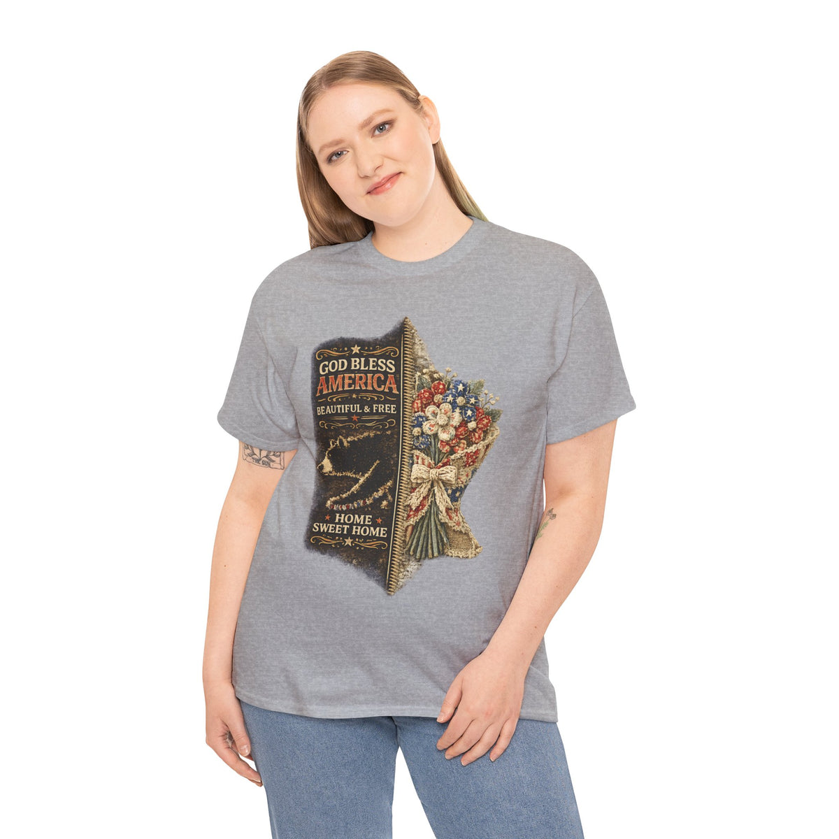 God Bless America T-Shirt — Patriotic "Home Sweet Home" Floral Design