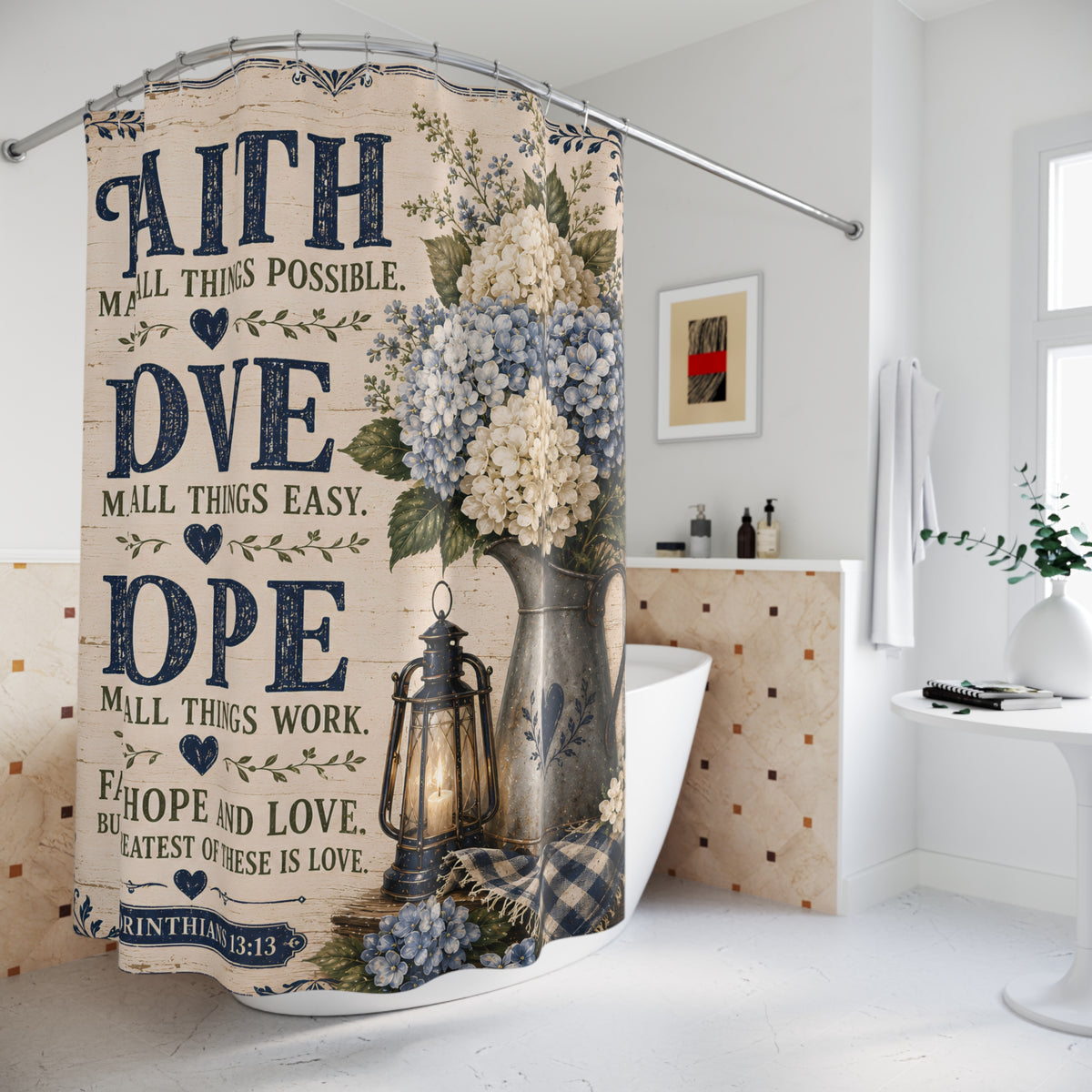 Faith Love Hope Christian Shower Curtain 1 Corinthians 13 13 Blue Hydrangea Farmhouse Bathroom Decor