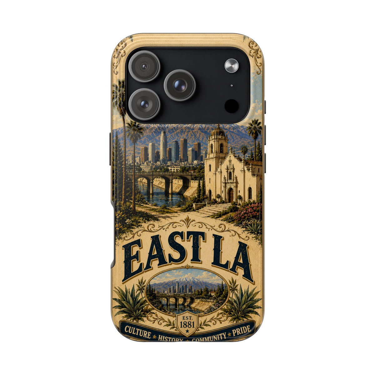 East LA Faux Patchwork Phone Case – Cultural Heritage Skyline & Mission Landmark Retro Cover for iPhone 17 Samsung S26