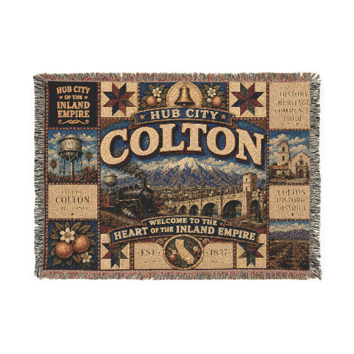 Colton City Landmark Woven Blanket — Vintage Map & Skyline Throw