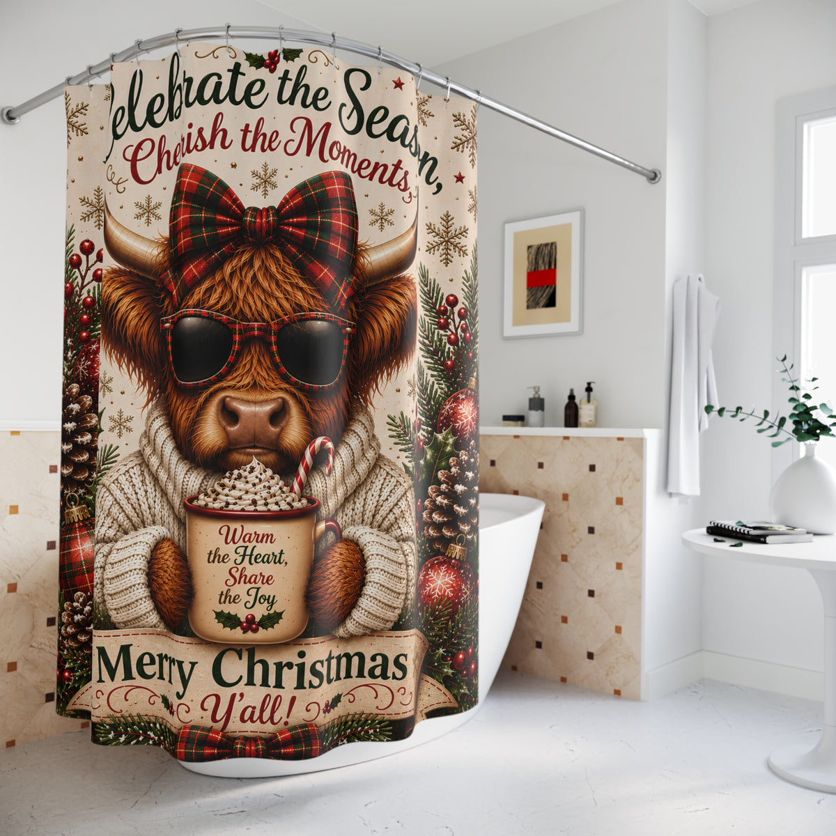 Highland Cow Christmas Shower Curtain Merry Christmas Hot Cocoa Plaid Bow Rustic Farmhouse Holiday Bathroom Decor