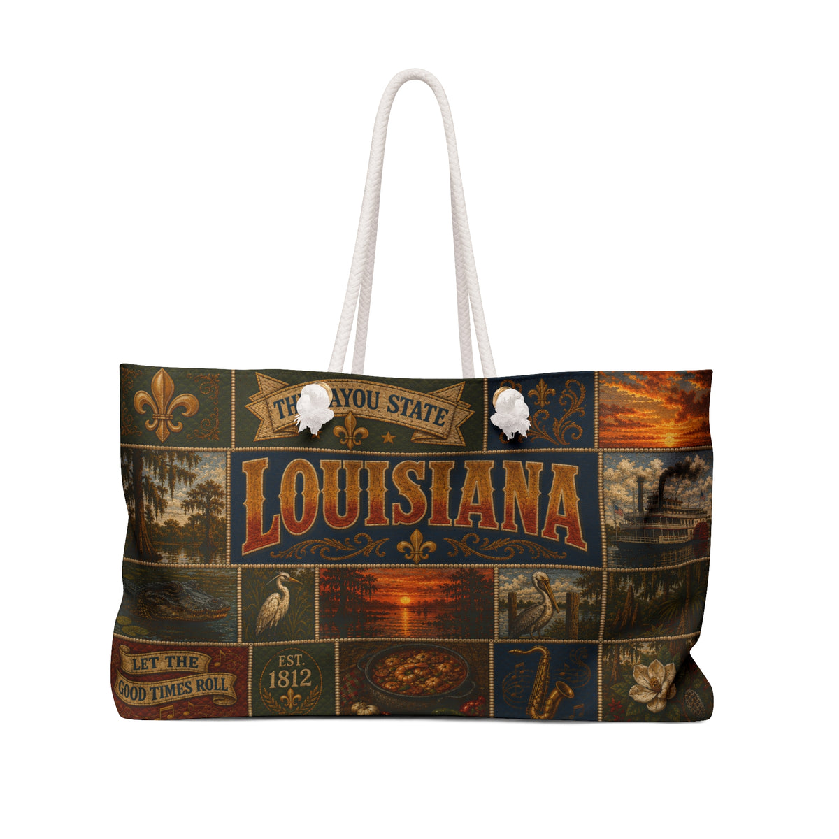 Louisiana Weekender Bag Bayou State Faux Patchwork Travel Tote Let the Good Times Roll Vintage Louisiana Souvenir Gift