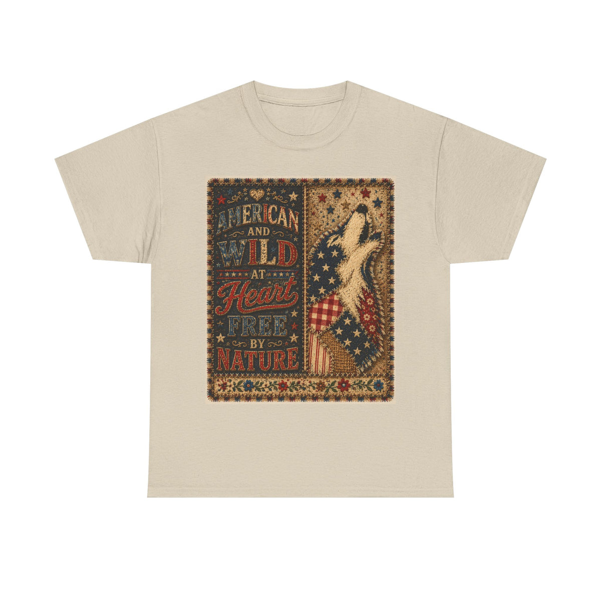 Patriotic Retro Tee – "American and Wild at Heart, Free by Nature" Flag Silhouette Shirt
