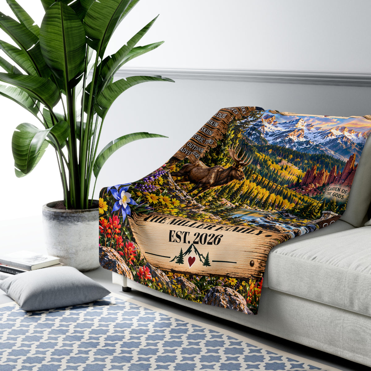 Colorado Personalized Sherpa Fleece Blanket, Rocky Mountains Scenic Custom Family Name State Gift