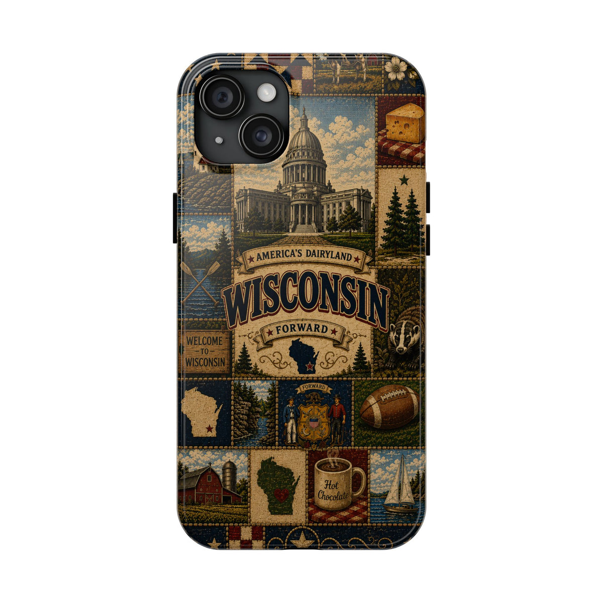 Wisconsin Faux Patchwork Phone Case Americas Dairyland Retro Barn Lighthouse Forward State Pride Cover