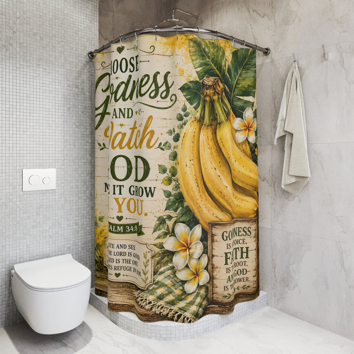 Banana Christian Shower Curtain Choose Goodness and Watch God Make It Grow Psalm 34 8 Farmhouse Faith Decor