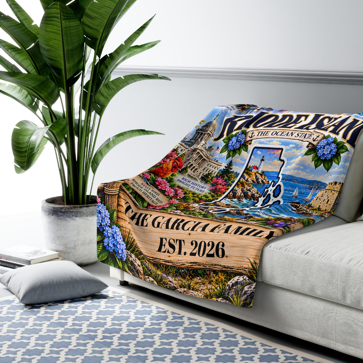 Rhode Island Personalized Sherpa Fleece Blanket, Coastal Lighthouse Harbor Newport Bridge Seaside Gift