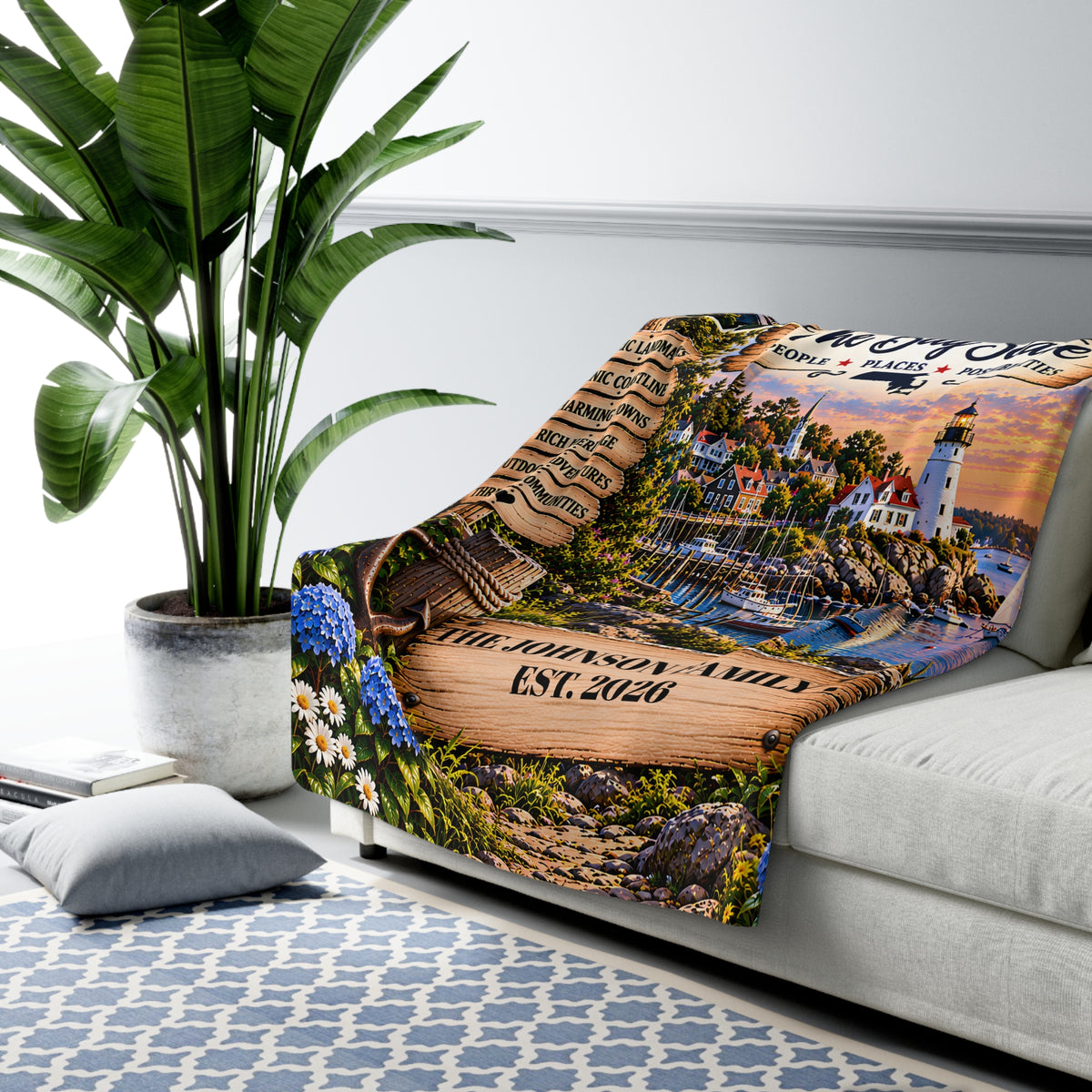 Massachusetts Personalized Sherpa Fleece Blanket, Bay State Lighthouse New England Custom Family Name Gift
