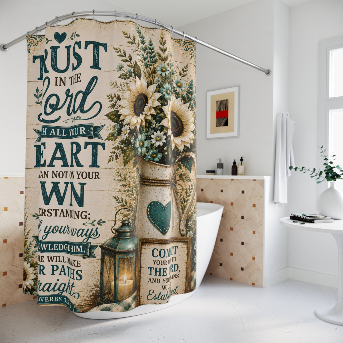 Trust in the Lord Shower Curtain | Sunflower Rustic Faith Bathroom Decor