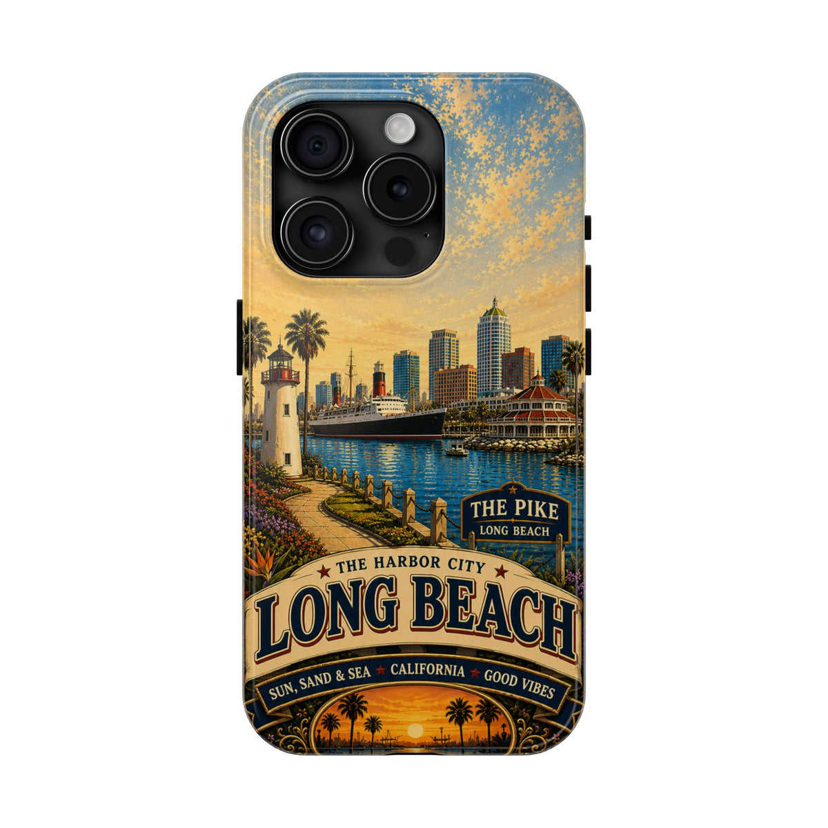 Long Beach Faux Patchwork Phone Case – Harbor City Coastal Retro Art, California Sunset Waterfront Cover