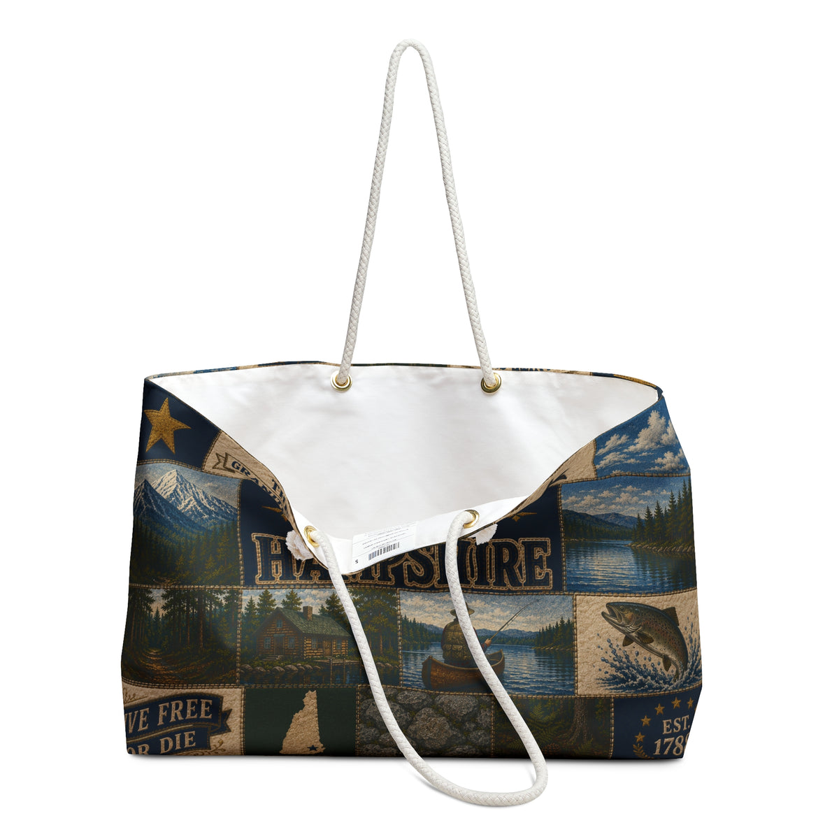 New Hampshire Weekender Bag Live Free or Die Faux Patchwork Travel Tote Granite State Mountain Lake Adventure Gift