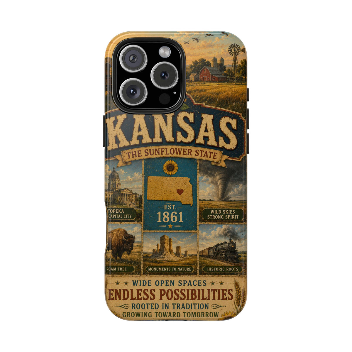 Kansas Faux Patchwork Phone Case – The Sunflower State Vintage Travel Poster Retro State Pride Cover Est 1861 for iPhone & Samsung