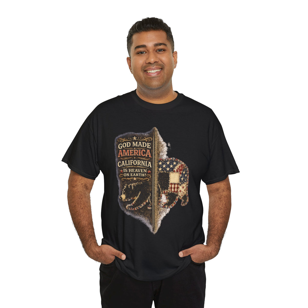 California Buffalo Patriotic T-Shirt — "God Made America, California Is Heaven on Earth"