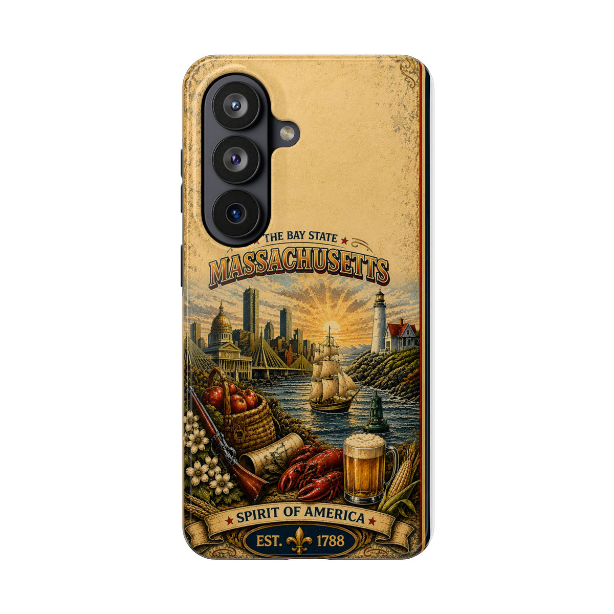 Massachusetts Bay State Faux Patchwork Phone Case – Vintage Travel Poster Style New England Souvenir Cover for iPhone & Samsung