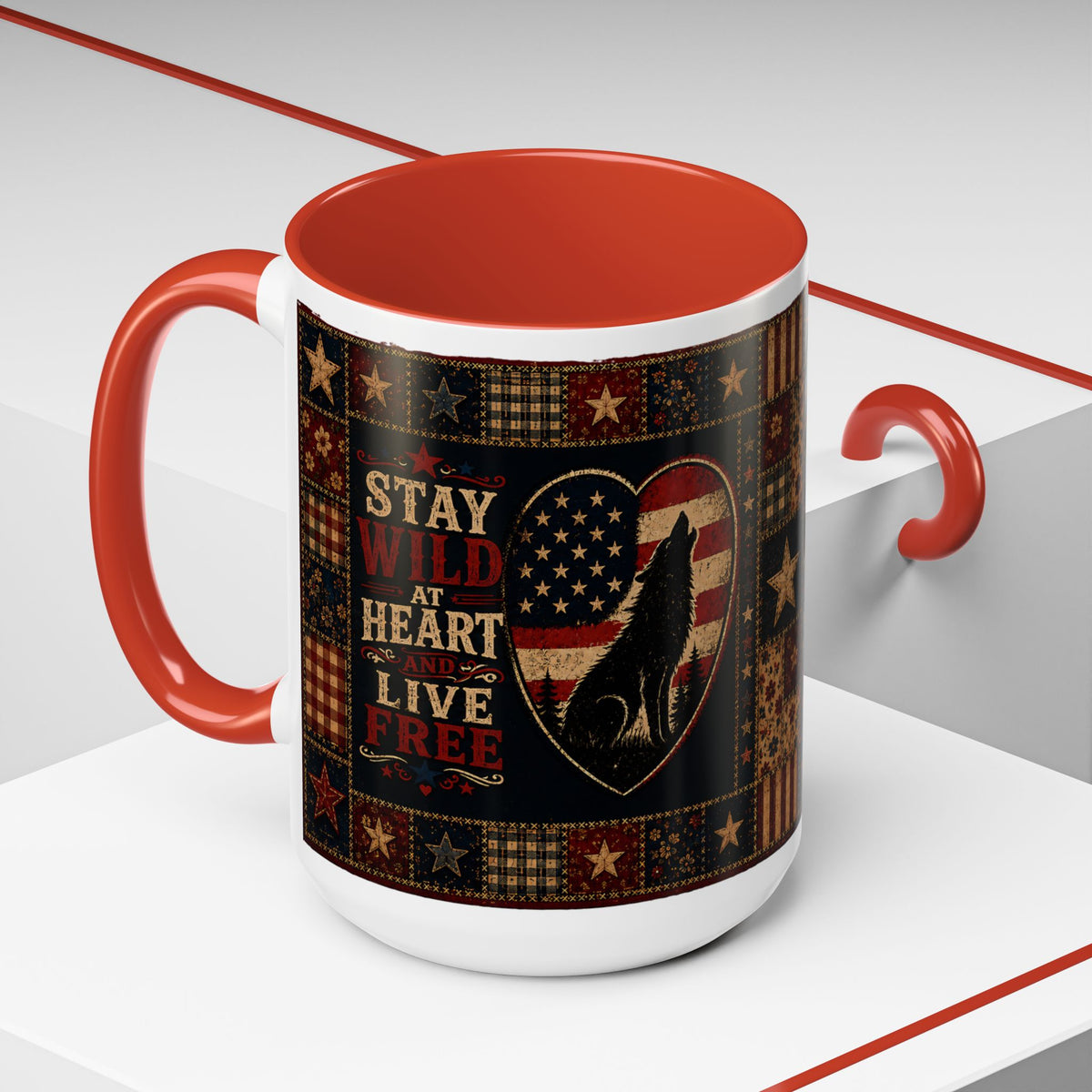 Patriotic Wolf Coffee Mug - "Stay Wild at Heart, Live Free" Accent Mug